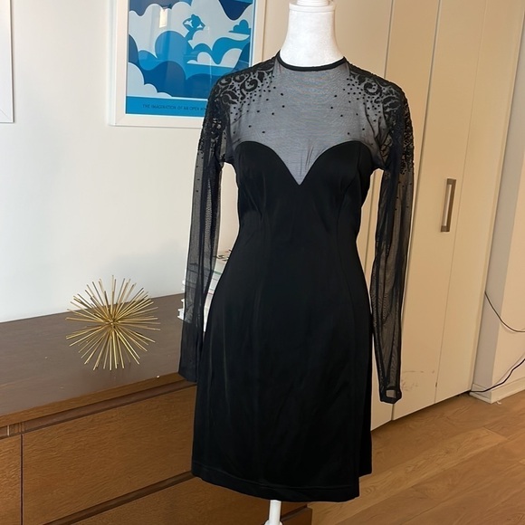 TADASHI Vintage 🦇 Black Bodycon Sweetheart Mesh Sleeve Beaded Shoulder - Picture 1 of 11